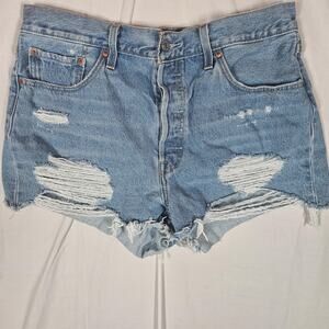 Levis 501 Cutoff Shorts Womens 33 Blue Distressed Denim Frayed High Rise